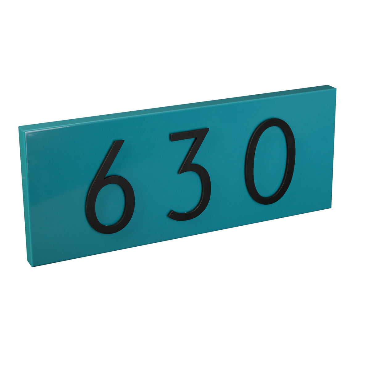 turquoise address plaque with black numbers