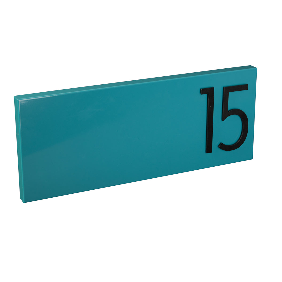 turquoise address plaque with black numbers right justified