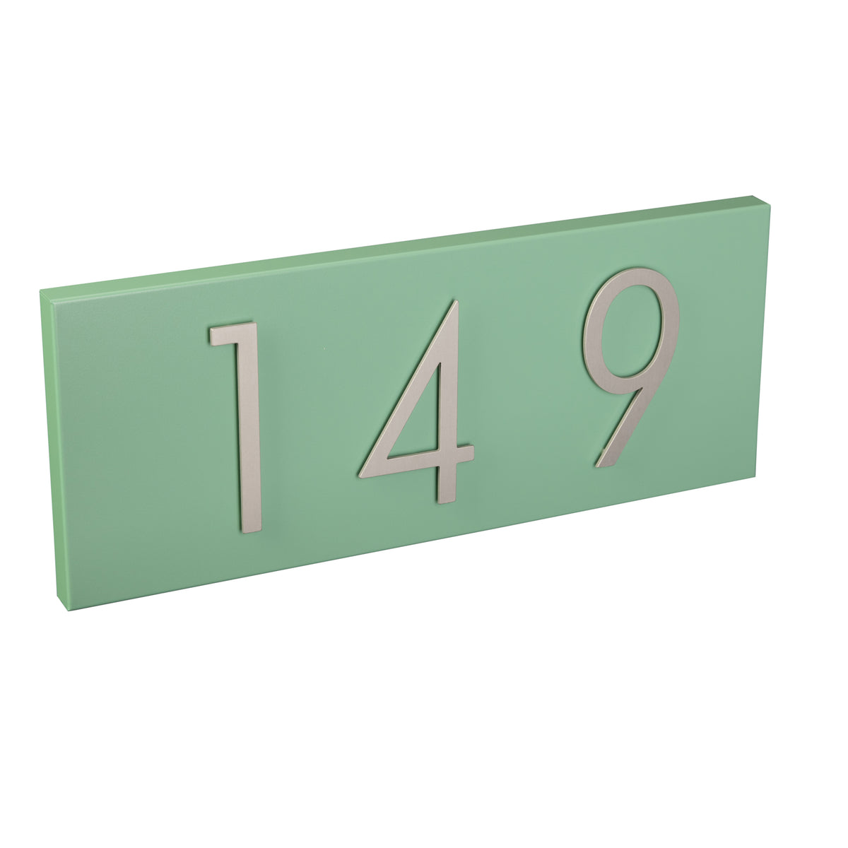 satin green address plaque with silver numbers