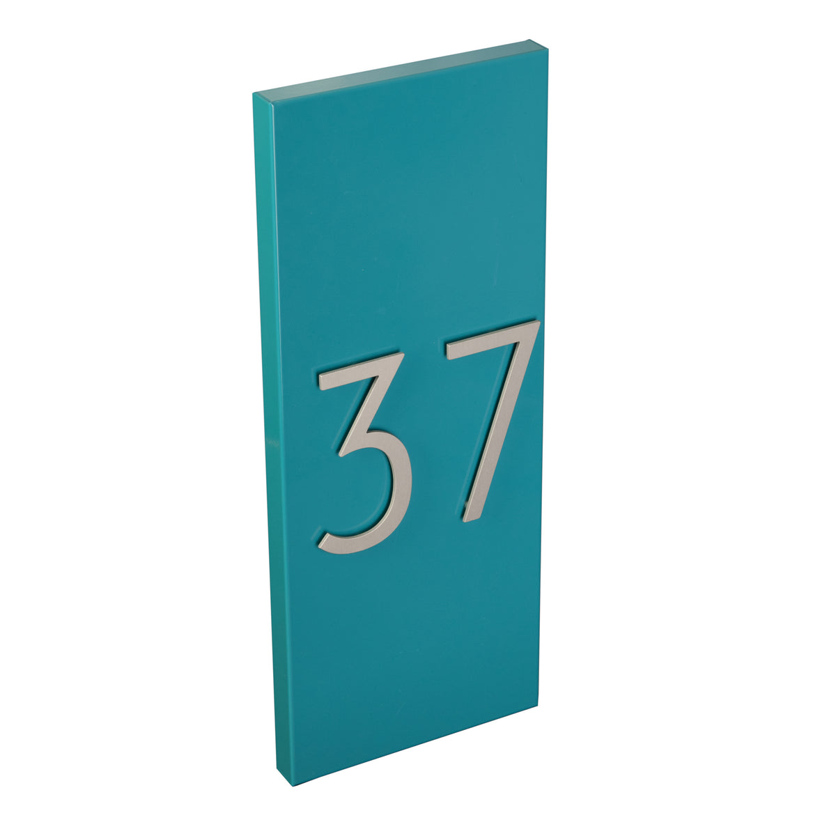 turquoise vertical address plaque with silver numbers